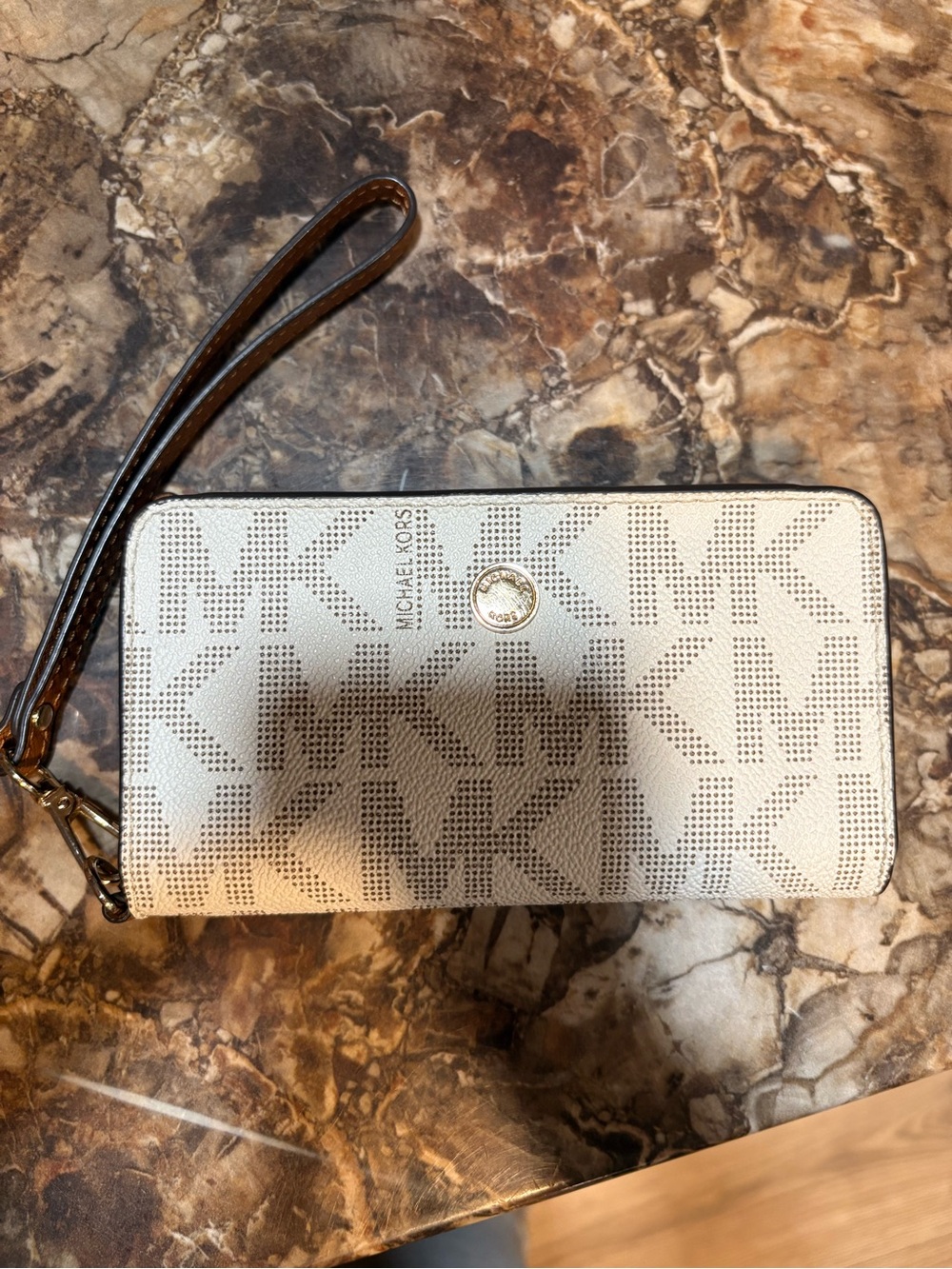 Michael Kors White Perforated MK Zip-Around Wristlet Wallet with Brown Strap